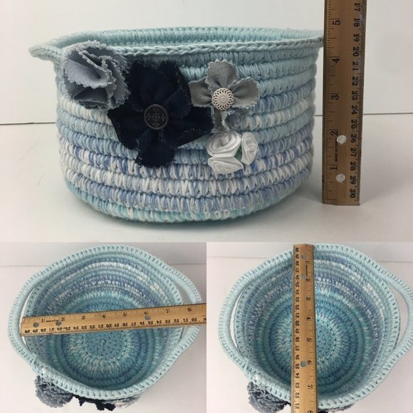 Blue Yarn Rope Bowl‎ Handle Flowers Button Handmade - Picture 2 of 9